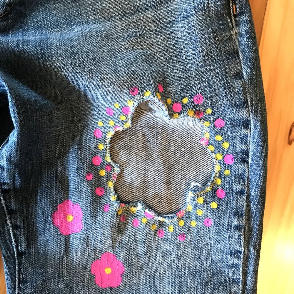 Upcycled Flower Cut-Out Jeans, Holey Distressed Funky Pants 10 Short - Picture 5 of 15